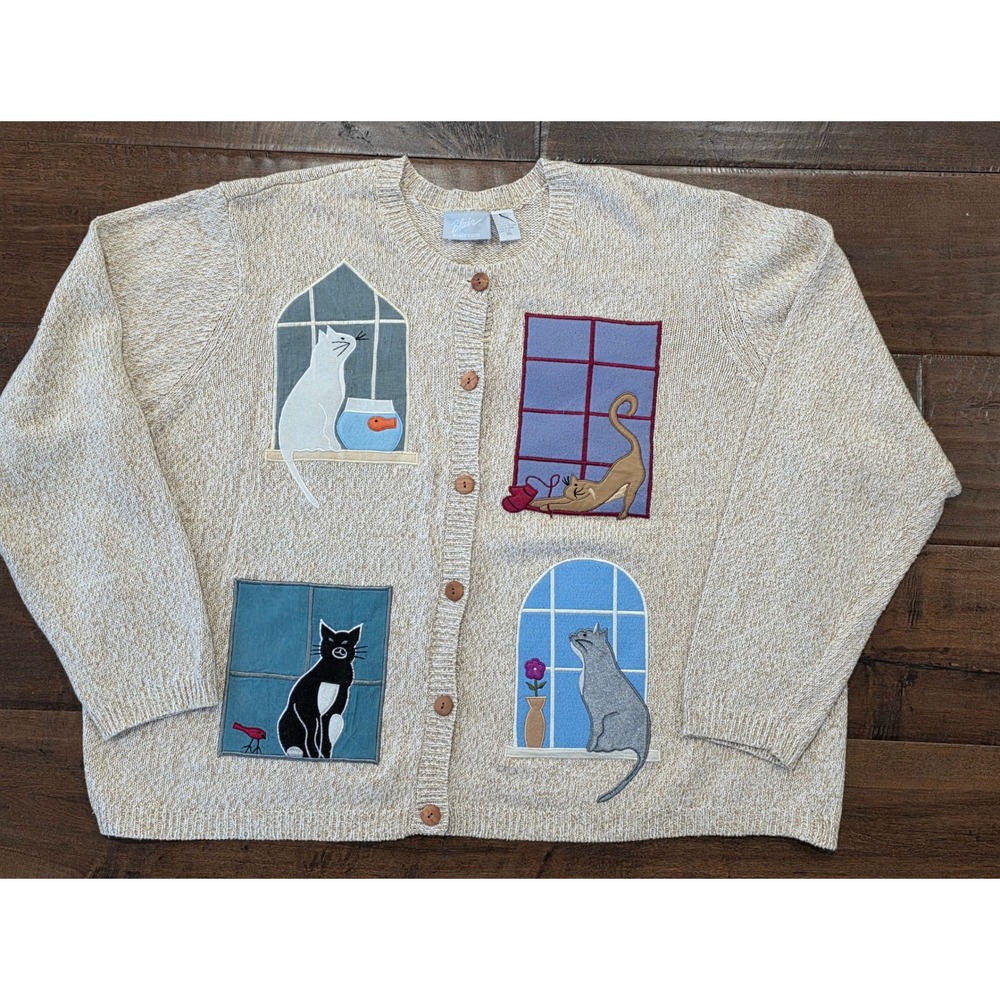 VTG Cottagecore Cat 90s Oversized Grandmacore Cardigan Sweater Oatmeal 3XL